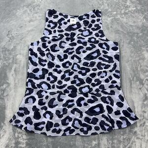 Cabi Top Sz S Sleeveless Peplum Blouse Violet Feline Leopard Print Chiffon 5536